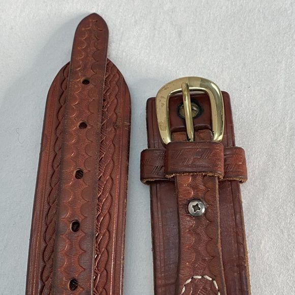 Mens Belt Large Waist Distressed Heavy Duty Tooled Leather Strap Buckle Overlay - Picture 5 of 11